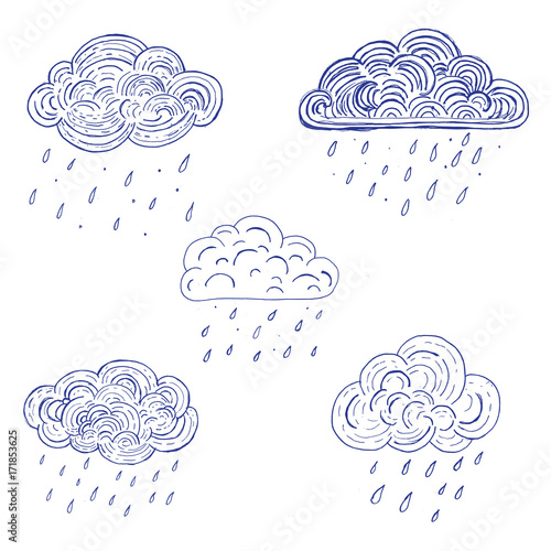 Set of hand drawn doodle clouds. Weather symbols. vector illustration isolated on white background.