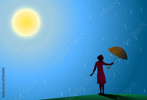 Young girl in red dress standing in the rain pulls aside red umbrella to look at bright sun, rain is over,