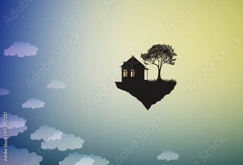 house and tree on flying rock, where the god lives, home on the heavens,