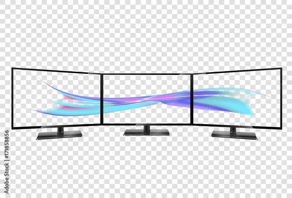 Triple monitor setup. Super widescreen. Multiple monitor setup. 3 monitors  setup aspect ratio 16:9. Multiple wallpaper on transparent screens. Stock  Vector | Adobe Stock