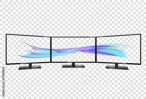 Triple monitor setup. Super widescreen. Multiple monitor setup. 3 monitors setup aspect ratio 16:9. Multiple wallpaper on transparent screens. 