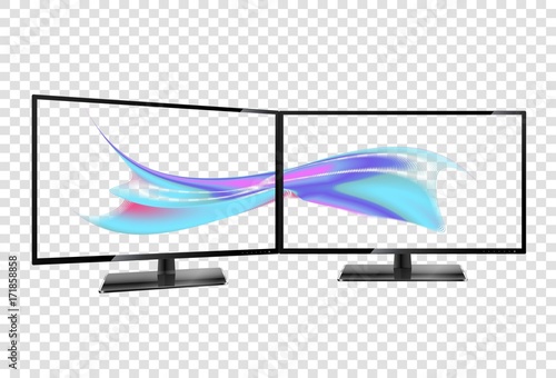 Two desktop monitors full hd aspect ratio 16:9. Multiple Screen. Multiple wallpaper on transparent screens. 