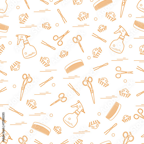 Cute pattern of scissors, combs, hairclip, hairpins and sprayer. For the provision of hairdressing services.