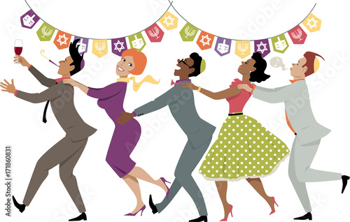 Diverse group of friends dancing conga line at Hanukkah party, EPS 8 vector illustration