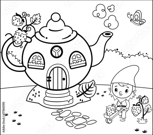 Coloring Page Activity with Gnome For Children (Vector illustration)