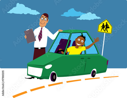 Teenage driving school student sitting in the car driving instructor standing next to him, EPS 8 vector illustration