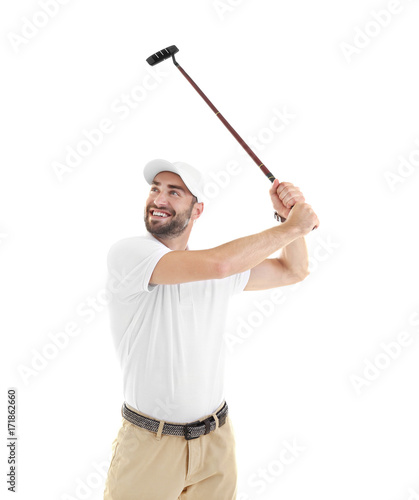 Man swinging with golf club...