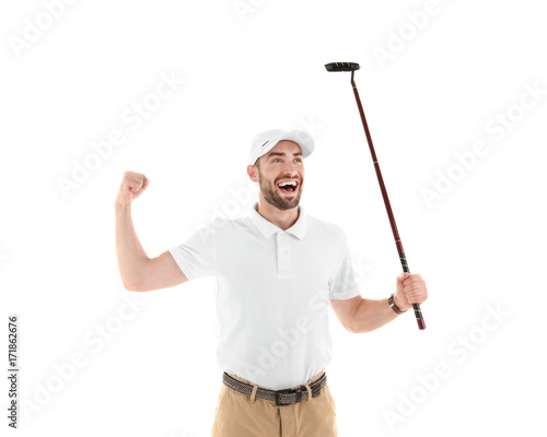 Cheerful male golf player on white background
