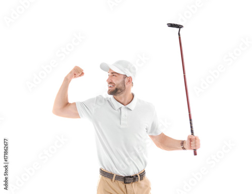 Cheerful male golf player on white background