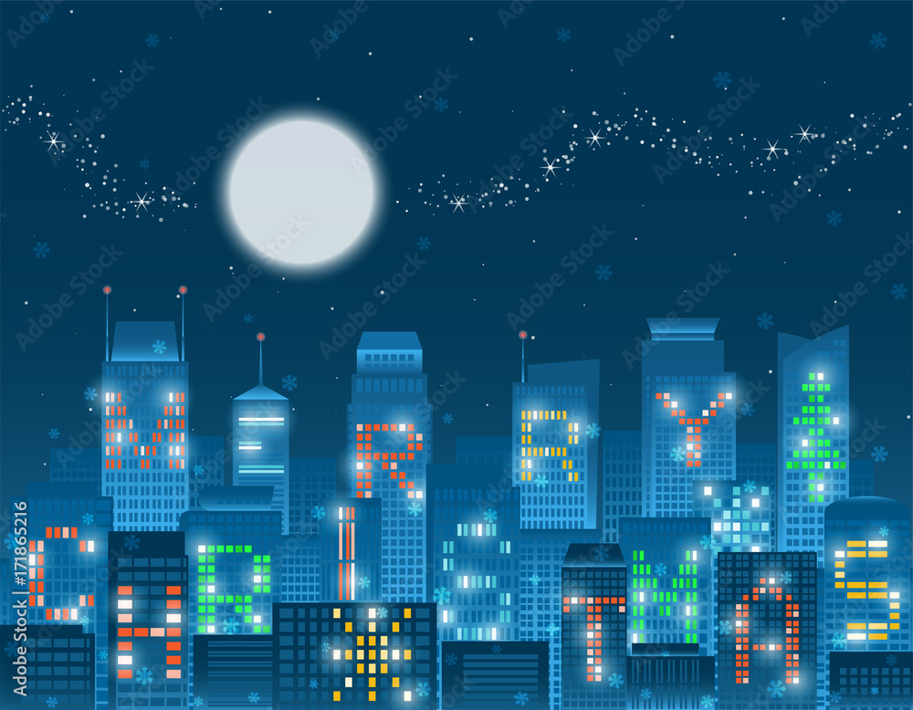 Colorful Merry Christmas alphabets on illuminated windows of high rise buildings grouping in a night city with falling snow flakes, under the glowing moon, sparkling milky way and stars