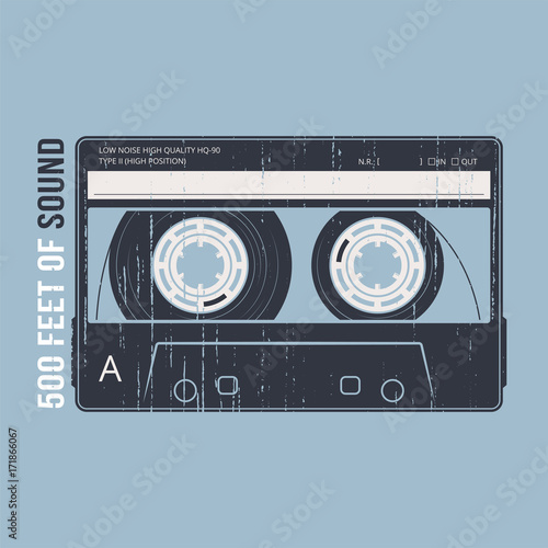 Retro design with a cassette tape. T-shirt and apparel vector print, typography, poster, emblem.