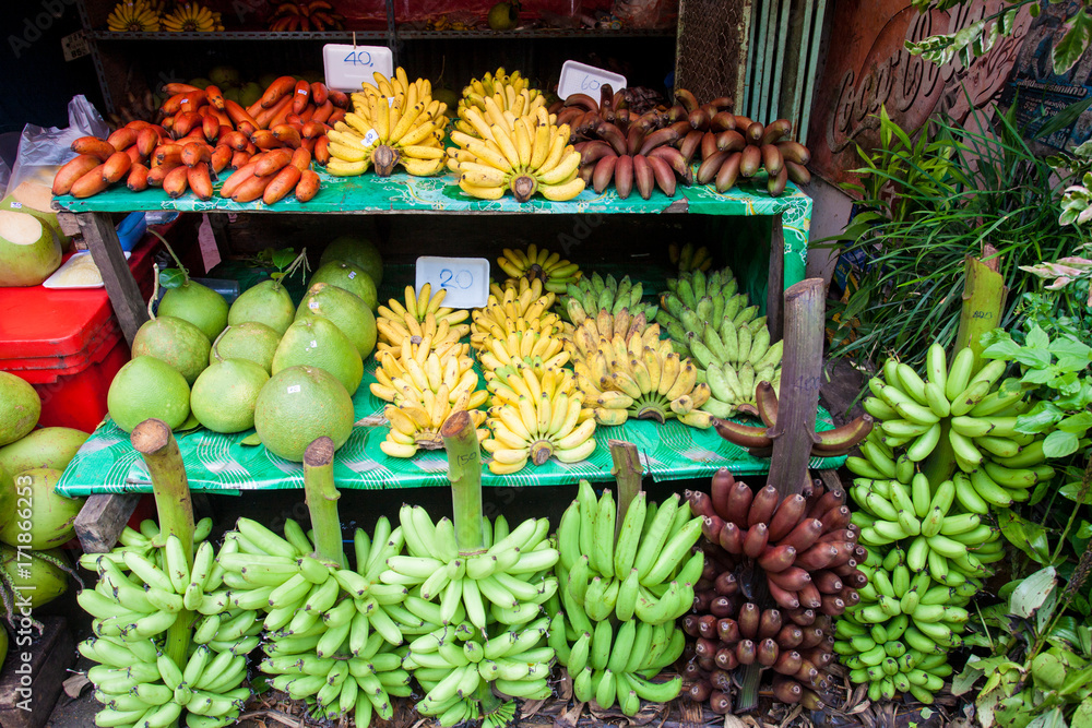 Different types kinds of bananas: tropical exotic red, yellow, green fruits  at the market