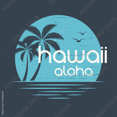 Hawaii Sunset. T-shirt and apparel vector design, print, typography, poster, emblem with palm trees.