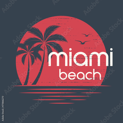 Miami sunset. T-shirt and apparel vector design, print, typography, poster, emblem with palm trees.