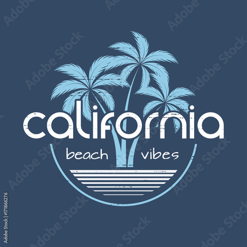 California beach vibes t-shirt and apparel vector design, print, typography, poster, emblem with palm trees.