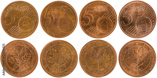 European 5 Cent Coins (front and back) isolated on white background