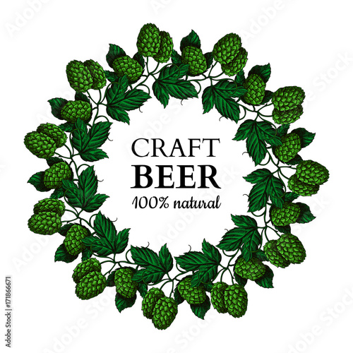 Hop plant vector wreath drawing illustration. Hand drawn black beer hopes with leaves on branch.