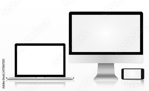 Realistic apple technology modern monitor, imac, computer, macbook, iphone, phone, cell, cell phone, laptop, on a white background, vector illustration photo