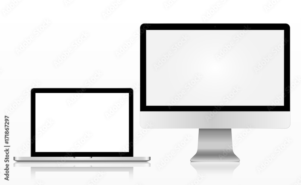 Realistic apple technology modern monitor, imac, computer, macbook, laptop, isolated on a white background, vector illustration Realistic apple technology modern monitor, imac, computer, macbook, laptop, isolated on a white background, vector illustration