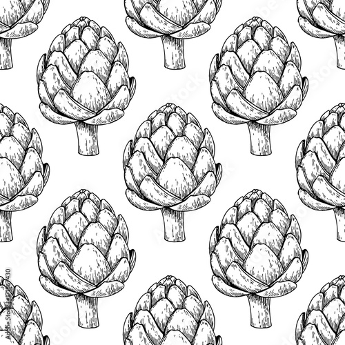 Artichoke hand drawn vector seamless pattern. Isolated Vegetable engraved style background.