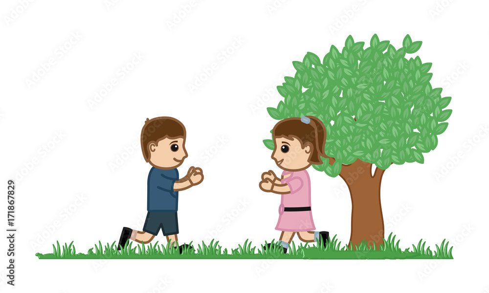 Happy Kids Running in Garden - clip-art vector illustration Happy Kids Running in Garden - clip-art vector illustration