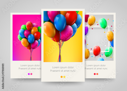 3d Realistic Colorful Bunch of Birthday Balloons Flying for Party and Celebrations. Poster, flyer or ticket design.