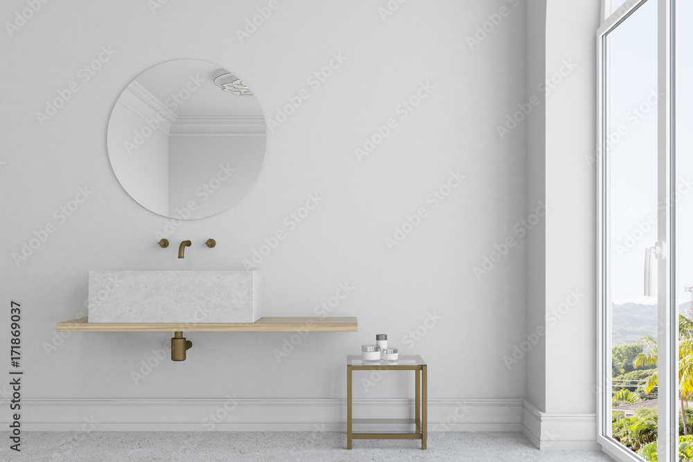 White bathroom, marble sink and mirror - obrazy, fototapety, plakaty 