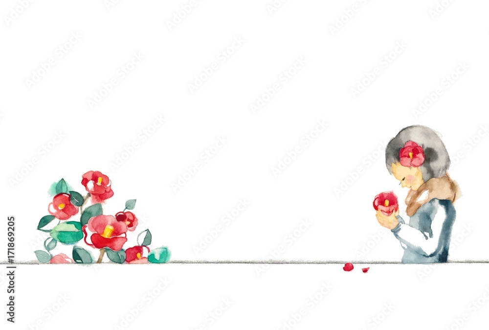 椿と女の子 横構図 Stock イラスト Adobe Stock