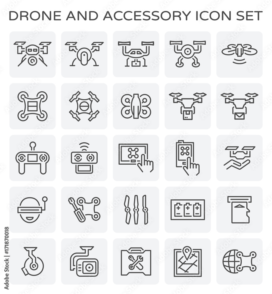 Vector line icon of drone and accessory. Vector line icon of drone and accessory.