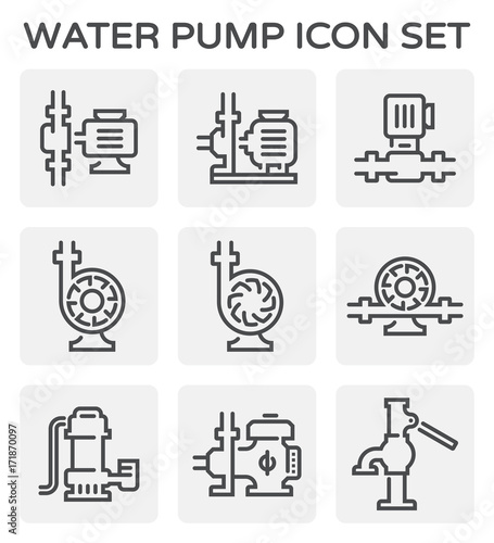 Water pump icon i.e. centrifugal, rotary, submersible and well pump. Powered by electric motor, engine and hand. For water supply infrastructure, wastewater treatment, plumbing and irrigation. 