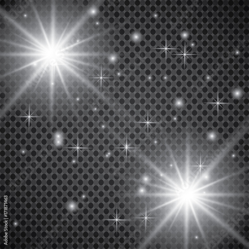 Set of glowing light effects with transparency isolated on plaid vector background. Lens flares, rays, stars and sparkles with bokeh collection.