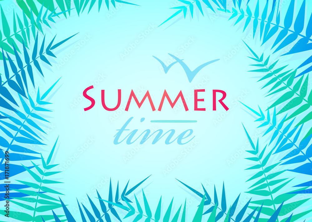 Obraz premium Hello Summer Holiday poster. Traveling template poster. Party poster with palm leaf and lettering summer time.