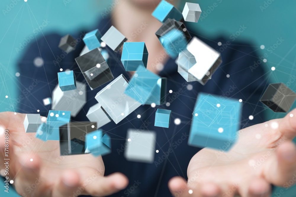 Businesswoman using floating blue shiny cube network 3D rendering Businesswoman using floating blue shiny cube network 3D rendering