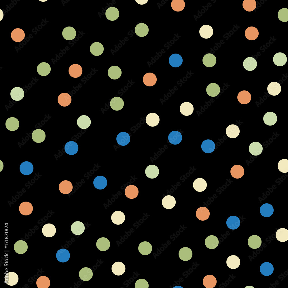 Colorful polka dots seamless pattern on black 6 background. Awesome classic colorful polka dots textile pattern. Seamless scattered confetti fall chaotic decor. Abstract vector illustration. Colorful polka dots seamless pattern on black 6 background. Awesome classic colorful polka dots textile pattern. Seamless scattered confetti fall chaotic decor. Abstract vector illustration.