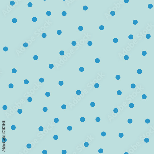 Blue polka dots seamless pattern on turquise background. Beauteous classic blue polka dots textile pattern in restrained colours. Seamless scattered confetti fall chaotic decor. Vector illustration.