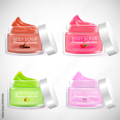 Realistic packaging body scrub gel.Summer collection organic cosmetics packagesl,fashion magazine advertising