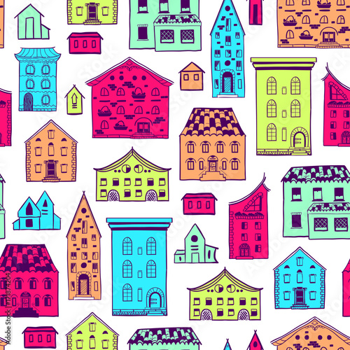 Bright colored seamless pattern with houses, doodle house vector background, cute colorfull houses in cartoon style, EPS 8
