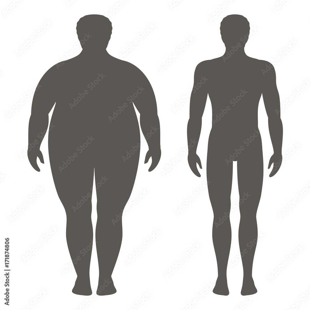 Vector illustration of a man before and after weight loss. Male body silhouette. Successful diet and sport concept. Slim and fat boys.