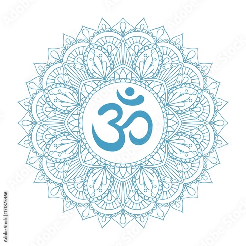 Aum Om Ohm symbol in decorative round mandala ornament.