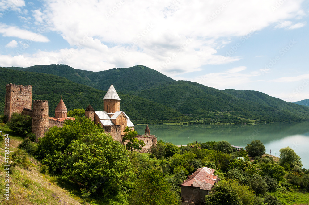 Summer view of Ananuri church and fortress in Georgia