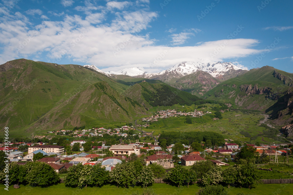 Stepantsminda village in the mountains of Georgia