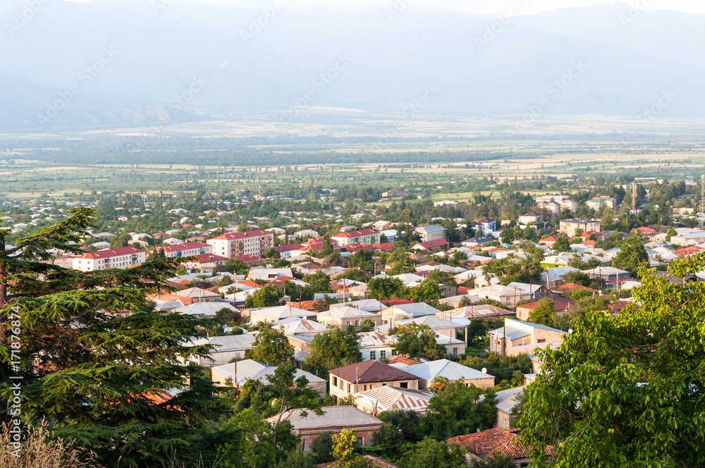 A panoramic view of the valley with the buildings of the new town of Telavi in Georgia.