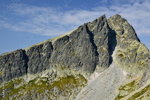 High Tatras in Slovakia. Monumental peaks. Summer scenic landscape mountain view. Alpine trail. Javorovy peak in Big cold valley.