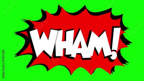A comic strip speech bubble cartoon animation, with the words Thud Wham. White text, red shape, green background.
