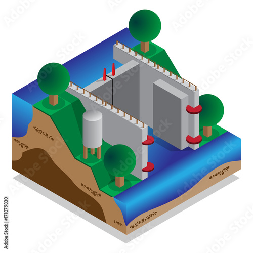 Locks water. A device for raising and lowering boats. Isometric. Vector illustration.