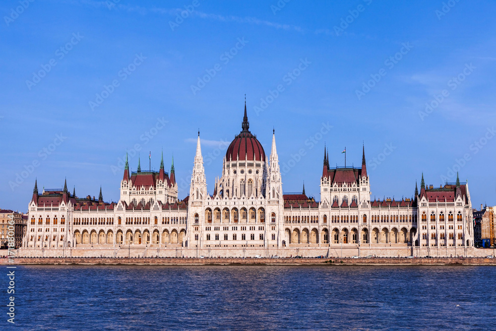 Budapest Parliament at dusk on a clear sky day