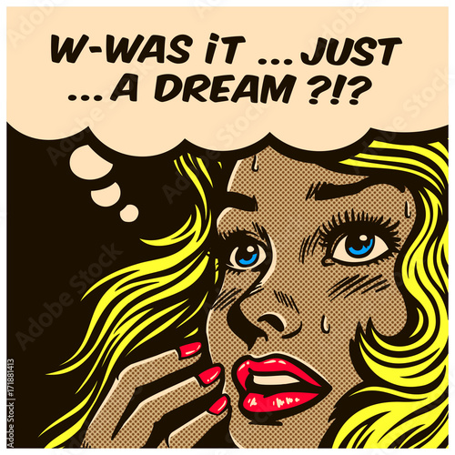 Pop art style comic book panel doubtful wondering woman can't tell reality from fantasy, daydreaming, dreams, delusion, vector illustration