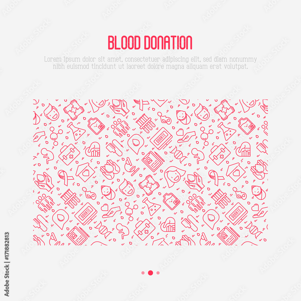 Blood donation concept with thin line icons and place for text. World blood donor day. Vector illustration for web page, banner, print media. Blood donation concept with thin line icons and place for text. World blood donor day. Vector illustration for web page, banner, print media.