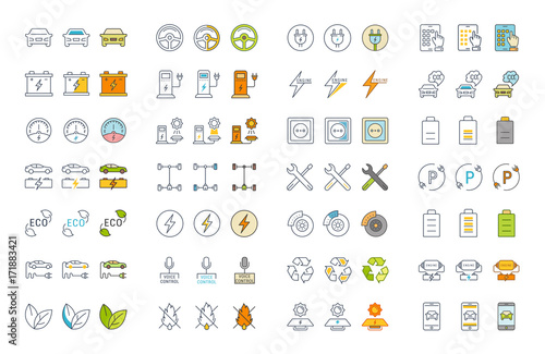 Set Vector Flat Line Icons Electric Cars