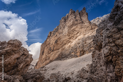 Rock castle at the foot of Tofana di Rozes, Dolomites, Cortina d'Ampezzo, Italy